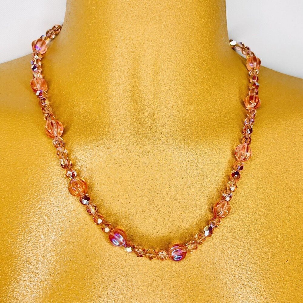 Vintage Art Glass Necklace Crystal Light Pink AB Sterling Silver Collar 4556